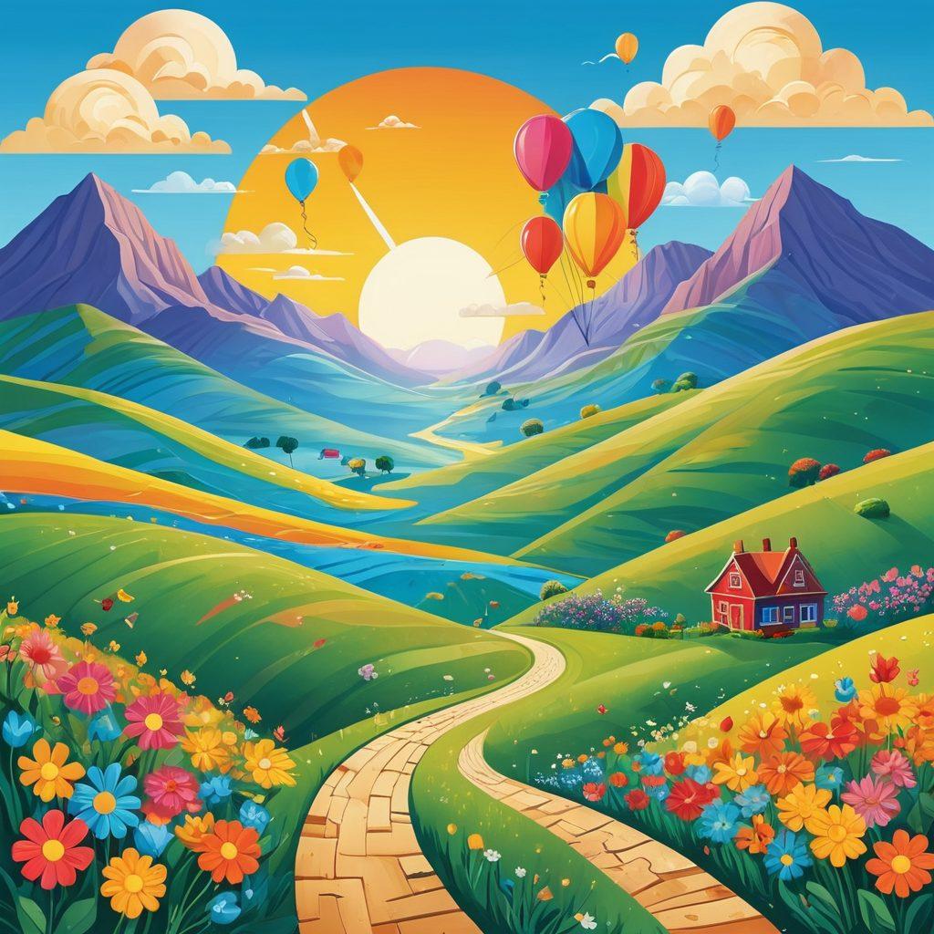 A vibrant and colorful application form surrounded by uplifting symbols like sunshine, blooming flowers, and floating balloons, representing optimism and positivity. The background features a whimsical landscape of rolling hills and a clear blue sky, inviting viewers to embark on a journey. Include subtle arrows or pathways, guiding the eye toward a bright and hopeful future. Vector art. vibrant colors.