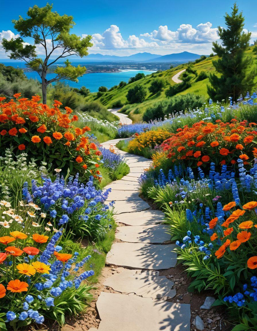 A vibrant pathway winding through a lush landscape filled with colorful flowers representing joy and satisfaction. Along the path, cheerful people are depicted engaging in various activities like laughing, sharing stories, and embracing nature. The sky is painted in bright hues of blue and orange signifying a sunny day, while the scenery radiates positivity and exuberance. super-realistic. vibrant colors. 3D.