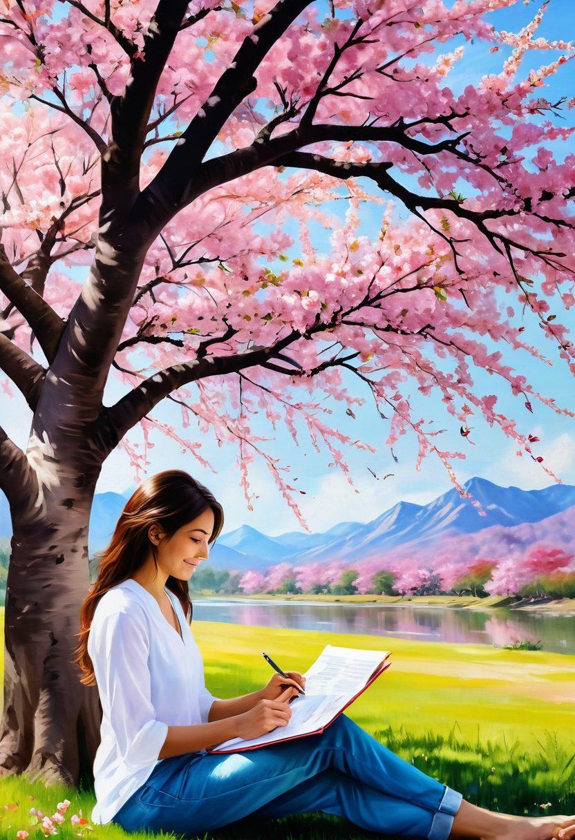 A serene landscape showcasing a joyful individual filling out a colorful application form under a blooming cherry blossom tree. The scene is filled with vibrant colors, radiating positivity and warmth, symbolizing the journey towards happiness. Soft light filters through the branches, creating a dreamy atmosphere. Add butterflies fluttering around to enhance the sense of joy. painting. vibrant colors. soft-focus.